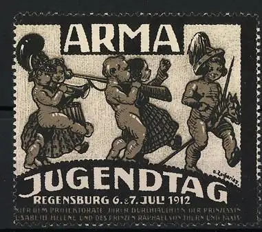 Künstler-Reklamemarke Zacharias, Regensburg, Arma Jugendtag 1912, nackte Kinder marschieren musizierend