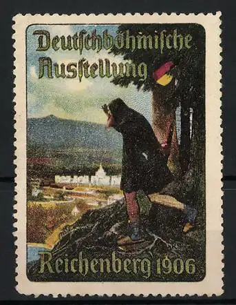 Reklamemarke Reichenberg, Deutsch-Böhmische Ausstellung 1906, alter Mann am Ortsrand