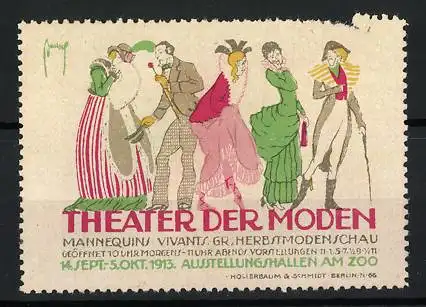 Reklamemarke Berlin, Gr. Herbstmodenschau Theater der Moden 1913, Damen in eleganten Kleidern