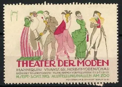 Reklamemarke Berlin, Gr. Herbstmodenschau Theater der Moden 1913, Damen in eleganten Kleidern