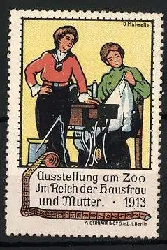 Künstler-Reklamemarke Michaelis, Berlin, Ausstellung Im Reich der Hausfrau und Mutter am Zoo 1913, Näherinnen