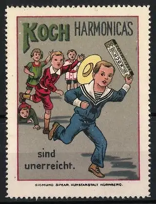 Reklamemarke Koch Harmonicas sind unerreicht, Knabe flieht mit Mundharmonika in der Hand