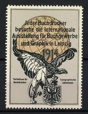 Reklamemarke Leipzig, Internationale Ausstellung für Buchgewerbe und Graphik 1914, Adler hält ein Wappen