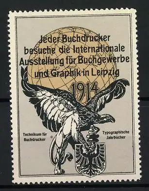 Reklamemarke Leipzig, Internationale Ausstellung für Buchgewerbe und Graphik 1914, Adler hält ein Wappen