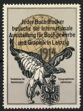 Reklamemarke Leipzig, Internationale Ausstellung für Buchgewerbe und Graphik 1914, Adler hält ein Wappen