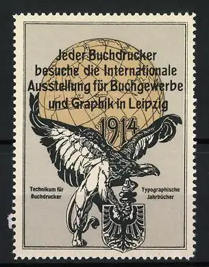 Reklamemarke Leipzig, Internationale Ausstellung für Buchgewerbe und Graphik 1914, Adler hält ein Wappen