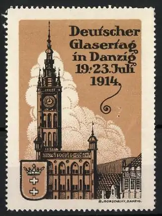 Reklamemarke Danzig, Deutscher Glasertag 1914, Kirche und Wappen