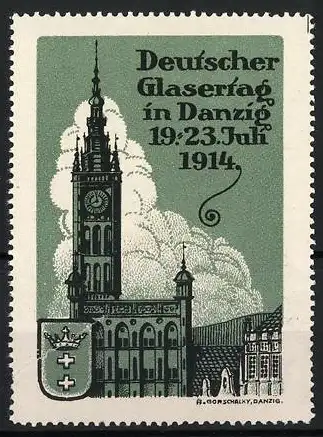 Reklamemarke Danzig, Deutscher Glasertag 1914, Kirche und Wappen