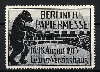 Reklamemarke Berlin, Papiermesse 1913 im Lehrer-Vereinshaus, Berliner Bär