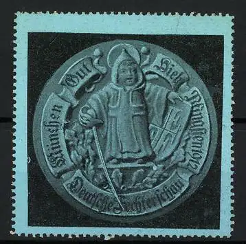 Reklamemarke München, Deutsche Fechterschau 1912, Münchner Kindl mit Wappen und Degen