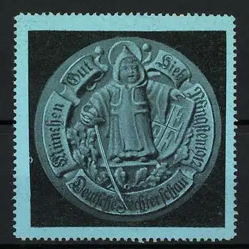 Reklamemarke München, Deutsche Fechterschau 1912, Münchner Kindl mit Wappen und Degen