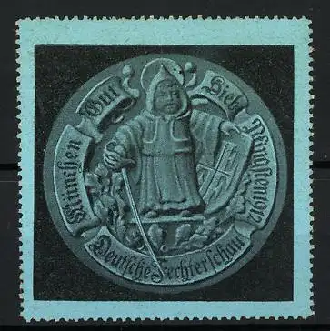 Reklamemarke München, Deutsche Fechterschau 1912, Münchner Kindl mit Wappen und Degen