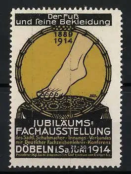 Reklamemarke Döbeln i. Sa., Jubiläums-Fachausstellung Der Fuss und seine Bekleidung 1914, nackter Fuss