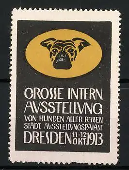 Reklamemarke Dresden, Grosse Internationale Ausstellung von Hunden aller Rassen 1913, Hundekopf