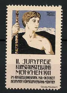 Künstler-Reklamemarke Hegenbart, München, II. Juryfreie Kunstausstellung 1911, Mann mit Wanderstock