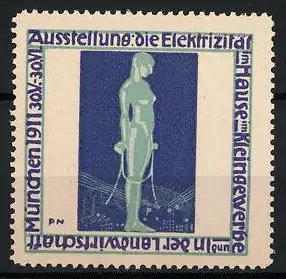 Künstler-Reklamemarke Paul Neu, München, Ausstellung Die Elektrizität 1911, Frauenakt & Stromleitungen