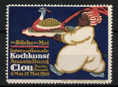 Reklamemarke Berlin, Intern. Kochkunst-Ausstellung 1914, Koch serviert einen Vogel