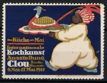 Reklamemarke Berlin, Intern. Kochkunst-Ausstellung 1914, Koch serviert einen Vogel