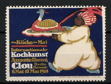 Reklamemarke Berlin, Intern. Kochkunst-Ausstellung 1914, Koch serviert einen Vogel