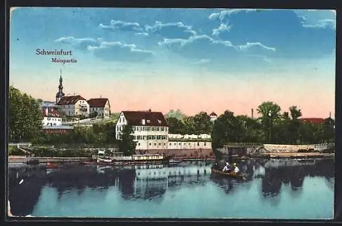 AK Schweinfurt, Mainpartie mit Brücke und Badeanstalt