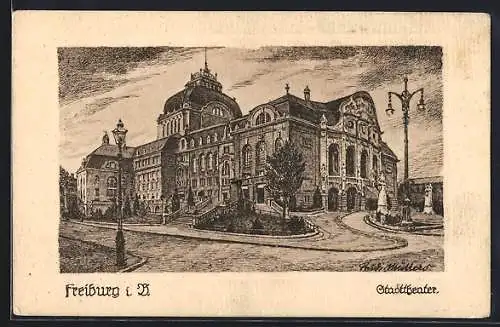 Künstler-AK Freiburg i. B., Blick auf das Stadttheater