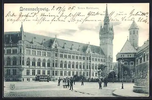 AK Braunschweig, Strassenbahn vor dem neuen Rathaus