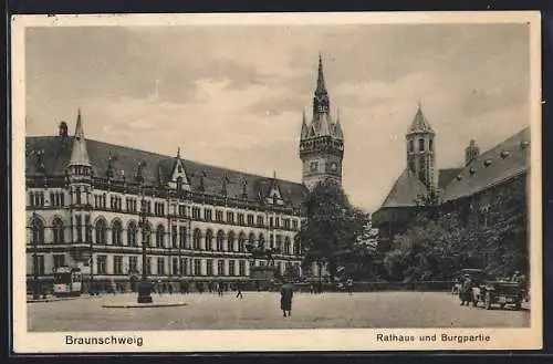 AK Braunschweig, Rathaus und Burgpartie, Strassenbahn