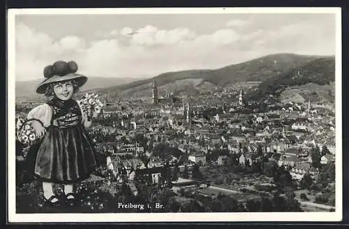 AK Freiburg i. Br., Kleines Mädchen mit Blick über die Stadt