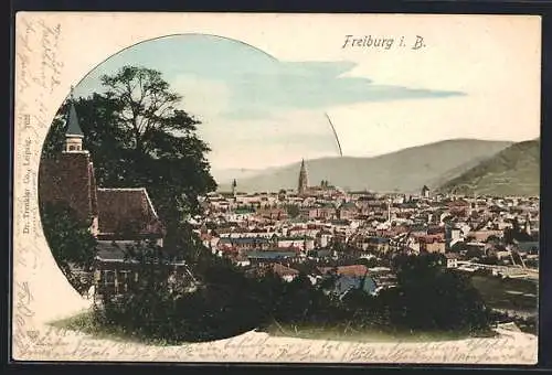 AK Freiburg i. B., Totalansicht mit dem Münster in der Ferne
