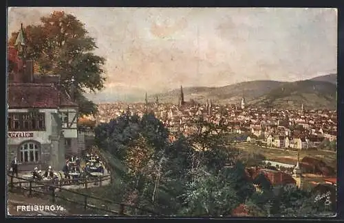 Künstler-AK Freiburg i. B., Gäste am Loretto, Ortsansicht