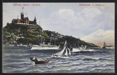 AK Blankenese b. Hamburg, Dampfer und Segelschiff vor der Küste mit Süllberg