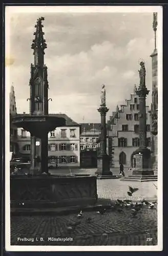 AK Freiburg i. B., Münsterplatz mit Brunnen