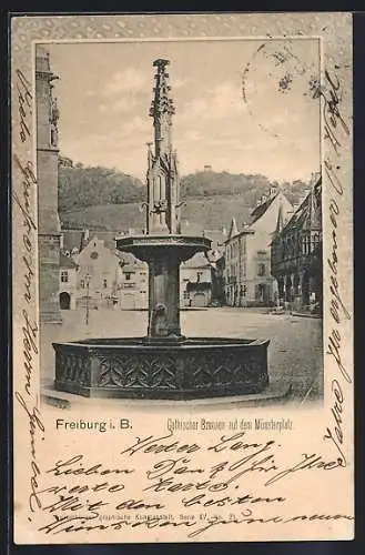 AK Freiburg i. Br., Gotischer Brunnen auf dem Münsterplatz