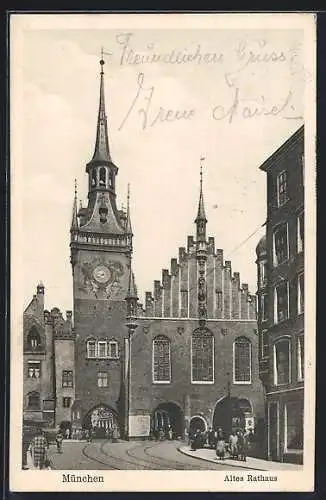 AK München-Au, Altes Rathaus mit Strassenpartie