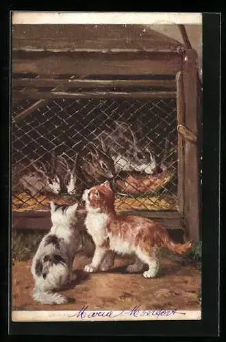 Künstler-AK Zwei Katzen begutachten die Stallhasen