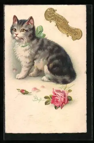 Künstler-AK Katze mit grüner Schleife und Rosenblüte - Neujahrsgruss