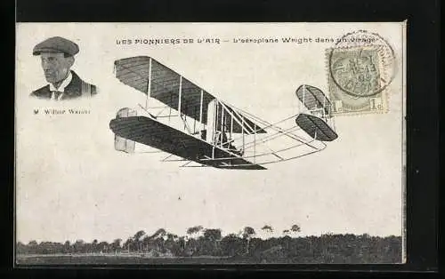 AK Pilot M. Wilbur Wright in seinem Doppeldecker-Flugzeug