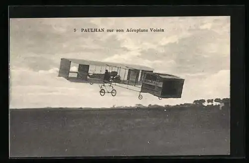 AK Paulhan sur son Aéroplane Voisin, Doppeldecker-Flugzeug