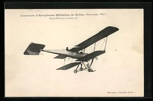 AK Concours d`Aéroplanes Militaires de Reims 1911, Biplan Bréguet en plein vol, Doppeldecker-Flugzeug