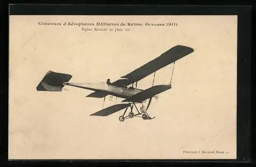 AK Concours d`Aéroplanes Militaires de Reims 1911, Biplan Bréguet en plein vol, Doppeldecker-Flugzeug