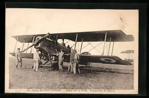 AK Camp de Coetquidan, Avion sur la piste, Préparatifs de Départ, Doppeldecker-Flugzeug