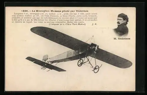 AK Le Monoplan Morane piloté par Védrines, Eindecker-Flugzeug