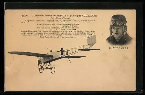 AK Monoplan Blériot militaire XI-2, piloté par Audemars