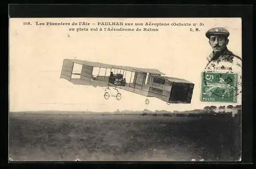 AK Les Pionniers de l`air, Paulhan sur son Aéroplane en plein vol, Doppeldecker-Flugzeug Octavie Nr. 3