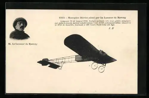 AK Monoplan Blériot piloté par Le Lasseur de Ranzay, Eindecker-Flugzeug