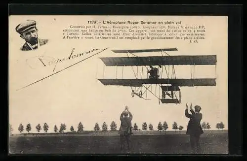 AK Flugzeug, L`Aeroplane Roger Sommer en plein vol, Portrait