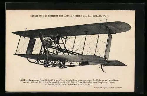 AK Aéroplane Paul Schmitt, moteur F. Forest, Doppeldecker-Flugzeug