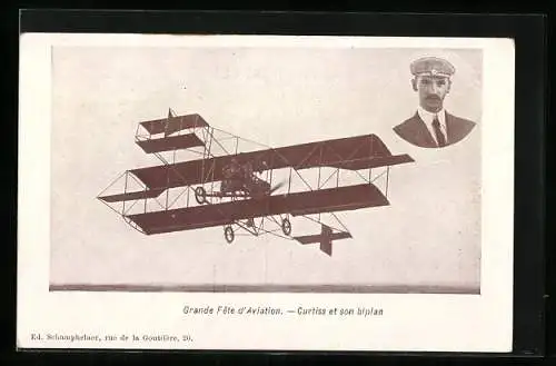 AK Grande Fete d`Aviation, Curtiss et son biplan, Doppeldecker-Flugzeug