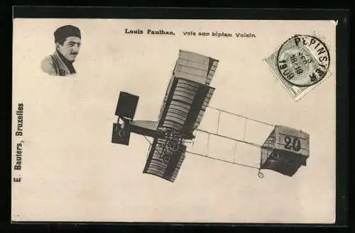 AK Louis Paulhan, voie sur biplan Voisin, Doppeldecker-Flugzeug