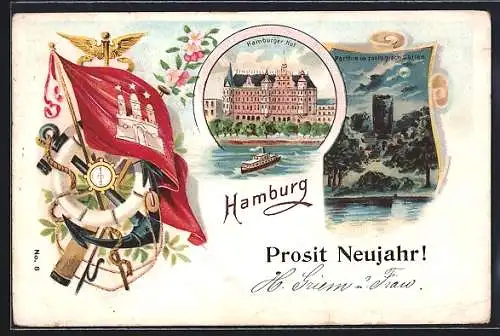 Lithographie Hamburg-Neustadt, Hotel Hamburger Hof, Zoo, Wappen mit Rettungsring